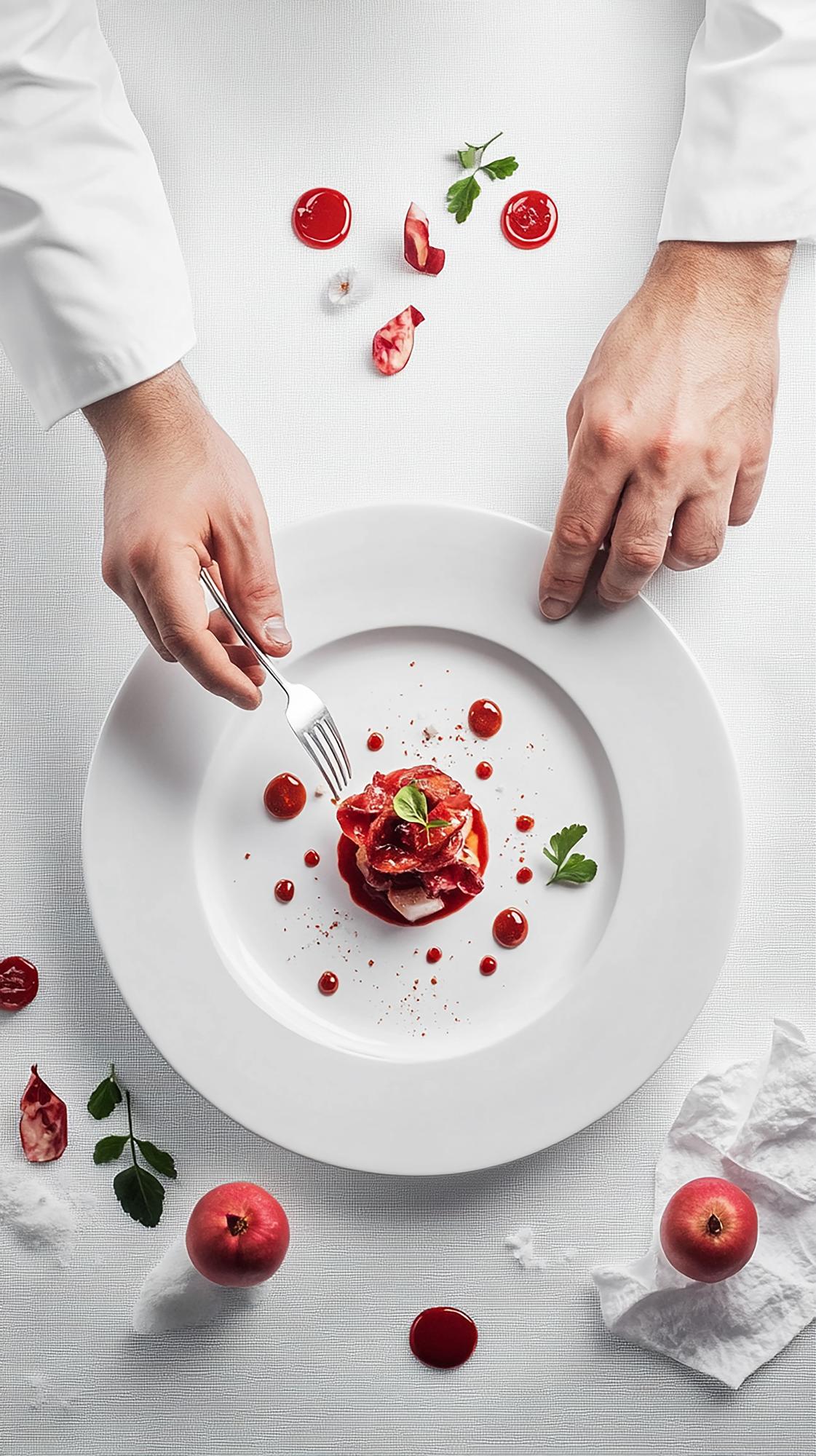 Chef presenting plated seasonal dish on a bright table